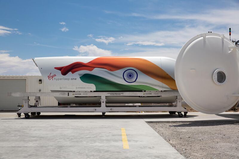 A hyperloop pod displaying the Indian flag at Virgin Hyperloop One - DP World Consortium's test facility. 