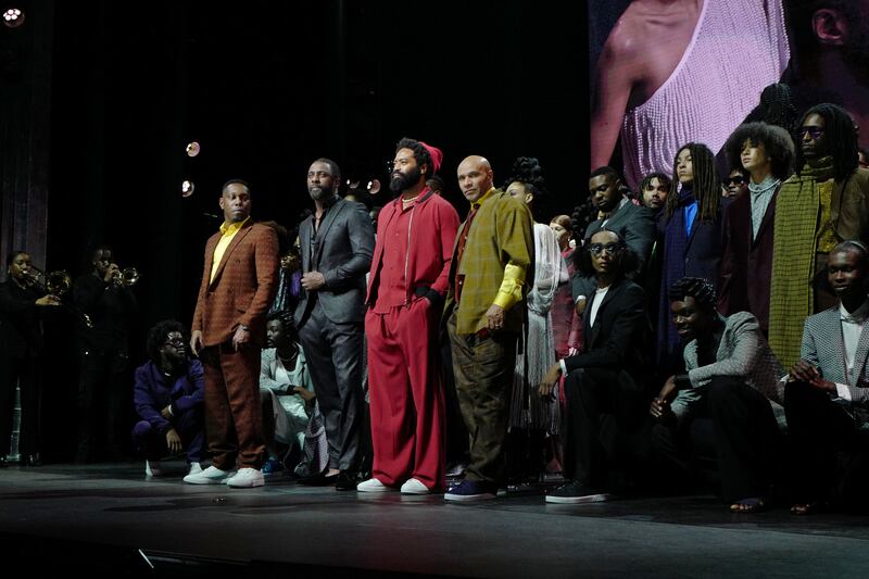 Dizzee Rascal, Idris Elba, Nicholas Pinnock, Goldie and Rapman at the Ozwald Boateng show during London Fashion Week. Photo: Richard Young / Shutterstock