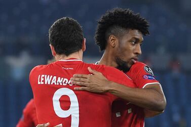 Bayern Munich's Robert Lewandowski celebrates with team-mate Kingsley Coman. EPA