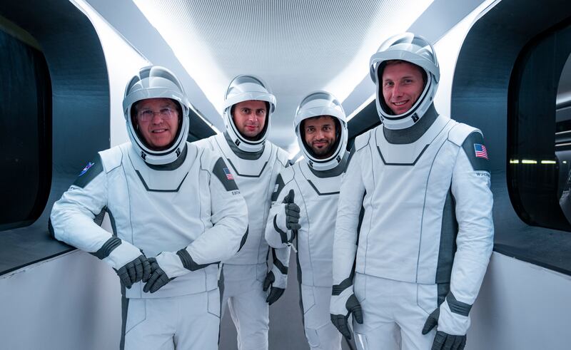 UAE astronaut Sultan Al Neyadi (second to right) and his crew mates completed a rehearsal of their launch day on February 24, 2023. Photo: SpaceX