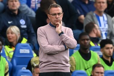 Manchester United German Interim head coach Ralf Rangnick looks on during the English Premier League football match between Brighton and Hove Albion and Manchester United at the American Express Community Stadium in Brighton, southern England on May 7, 2022.  (Photo by Glyn KIRK / AFP) / RESTRICTED TO EDITORIAL USE.  No use with unauthorized audio, video, data, fixture lists, club/league logos or 'live' services.  Online in-match use limited to 120 images.  An additional 40 images may be used in extra time.  No video emulation.  Social media in-match use limited to 120 images.  An additional 40 images may be used in extra time.  No use in betting publications, games or single club/league/player publications.   /  