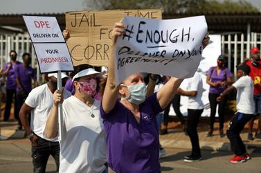 South African Airways workers protesting outside the company's headquarters in Johannesburg earlier this month. The airline could be liquidated if no funding is secured for the airline this week. Reuters
