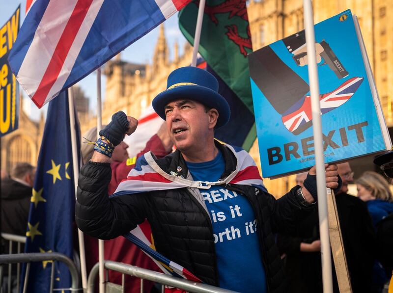 'Stop Brexit' campaigner Steve Bray protests outside of the Houses of Parliament in London, UK. EPA