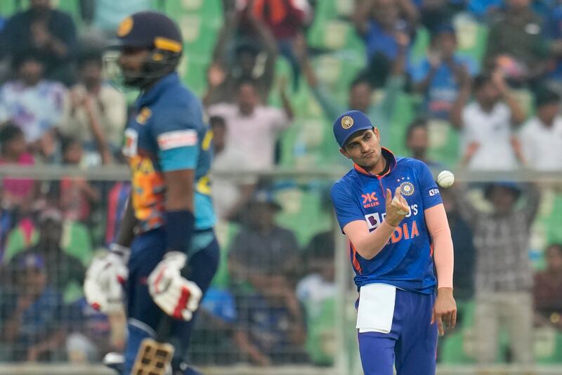 India's Shubhman Gill after taking the catch to dismiss Sri Lanka's Avishka Fernando for one. AP