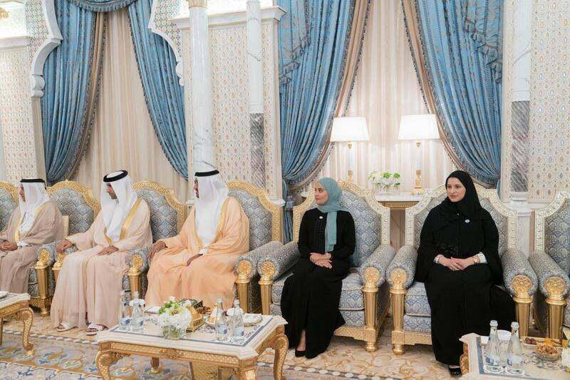 ABU DHABI, UNITED ARAB EMIRATES - September 18, 2018: (L-R) HE Sultan bin Saeed Al Badi, UAE Minister of Justice, HE Dr Thani Al Zeyoudi, UAE Minister for Climate Change and Environment, HE Dr Sultan Ahmed Al Jaber, UAE Minister of State, Chairman of Masdar and CEO of ADNOC Group, HE Ohood Al Roumi, UAE Minister of State for Happiness and Wellbeing and HE Sarah Yousif Al Amiri, UAE Minister of State for Advanced Sciences, attend the swearing-in ceremony for ministers of the United Arab Emirates.

(Rashed Al Mansoori / Crown Prince Court - Abu Dhabi )
---