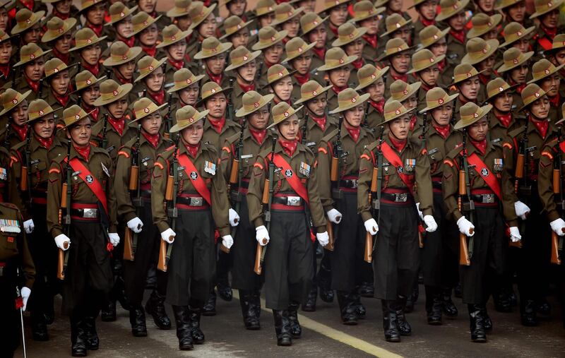 An Indian army contingent marches through New Delhi on January 26, 2018. Money Sharma / AFP