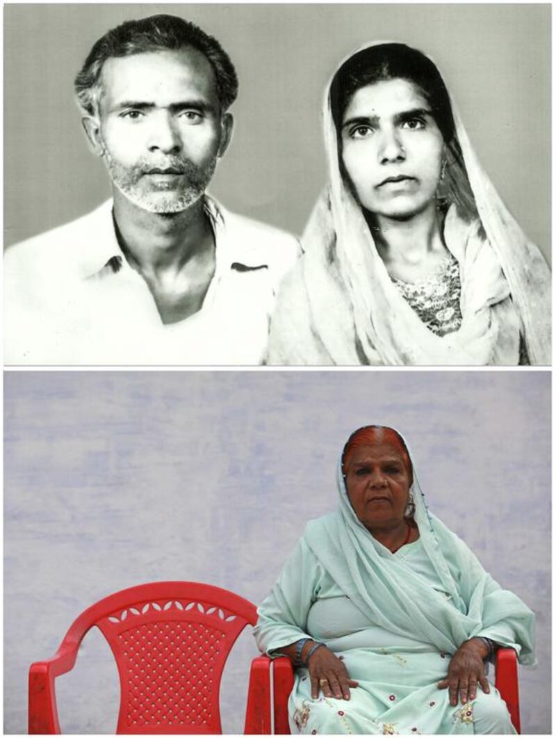 A combination picture shows Aamna (R) with her husband Munawar Ali in an undated family photograph, top, and, bottom, Aamna alone in Bhopal.