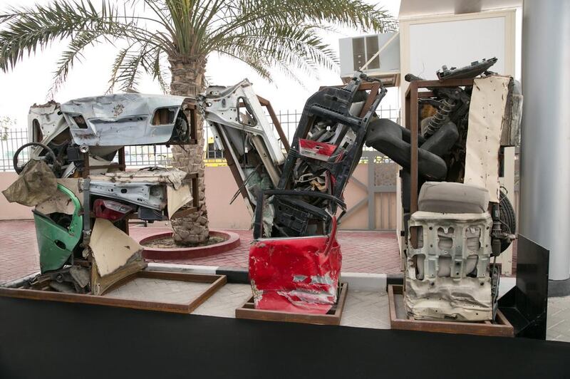 FYI, a sculpture made from crushed and mangled car parts, is used at road safety campaigns aimed at young drivers. Courtesy Nissan
