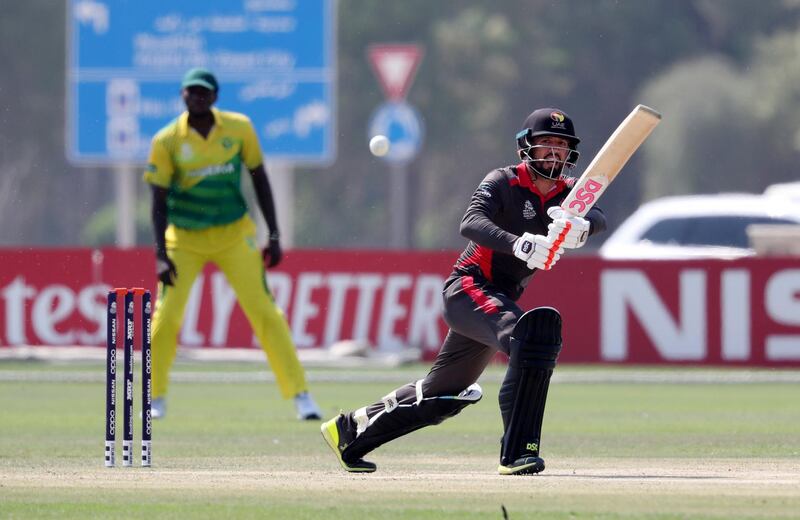 ABU DHABI , UNITED ARAB EMIRATES , October 24  – 2019 :- Rohan Mustafa of UAE playing a shot during the World Cup T20 Qualifiers between UAE vs Nigeria held at Tolerance Oval cricket ground in Abu Dhabi. UAE won the match by 5 wickets.  ( Pawan Singh / The National )  For Sports. Story by Paul
