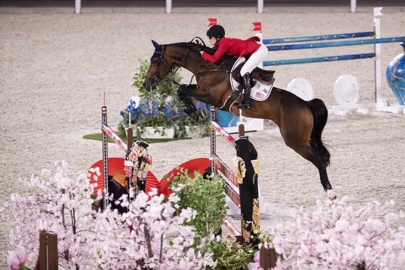 Jessica Springsteen of the USA riding Don Juan van de Donkhoeve competes in the jumping individual qualifier at the Baji Koen Equestrian Park in Setagaya.