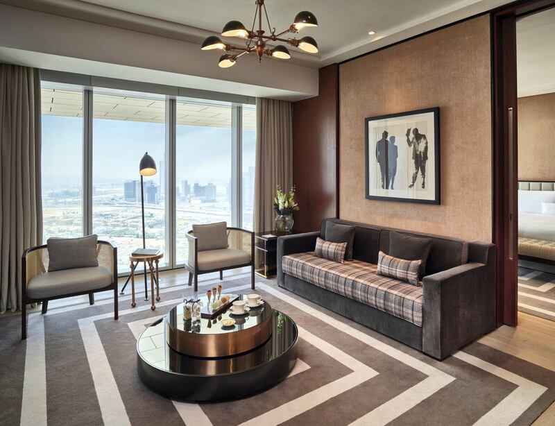 The living room in one of the hotel's Corner Suites. Courtesy Waldorf Astoria