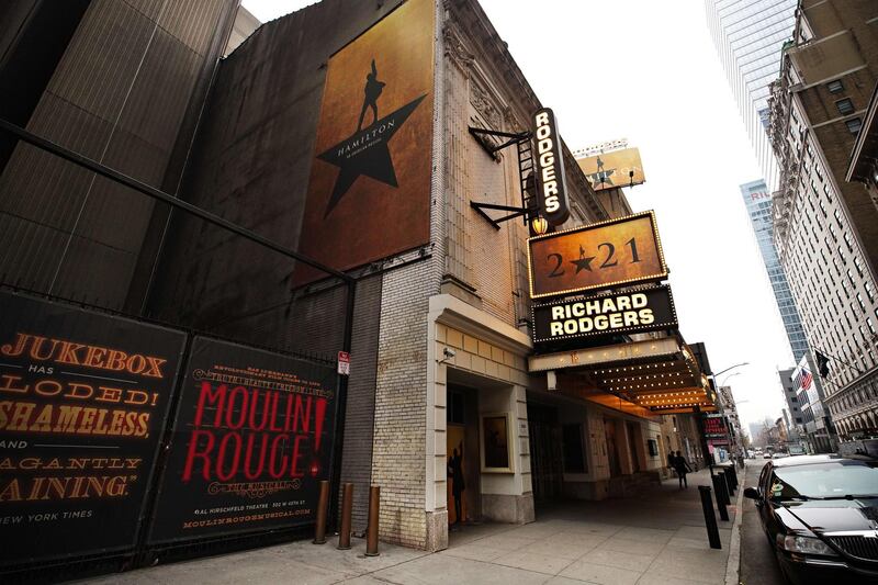 Hamilton at Richard Rodgers Theatre near Times Square remains closed following restrictions imposed to slow the spread of coronavirus in New York City. The pandemic has caused long-term repercussions throughout the tourism and entertainment industries, including temporary and permanent closures of historic and iconic venues, costing the city and businesses billions in revenue. AFP