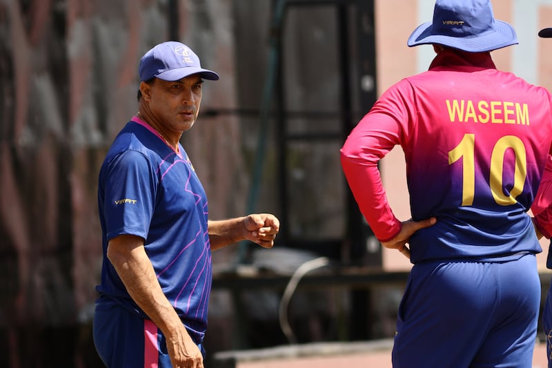 Robin Singh speaks to his players ahead of the UAE's Cricket World Cup League 2 match against Papua New Guinea at the TU International Cricket Stadium, Kathmandu, Nepal on Friday, March 10, 2023. Subas Humagain for The National