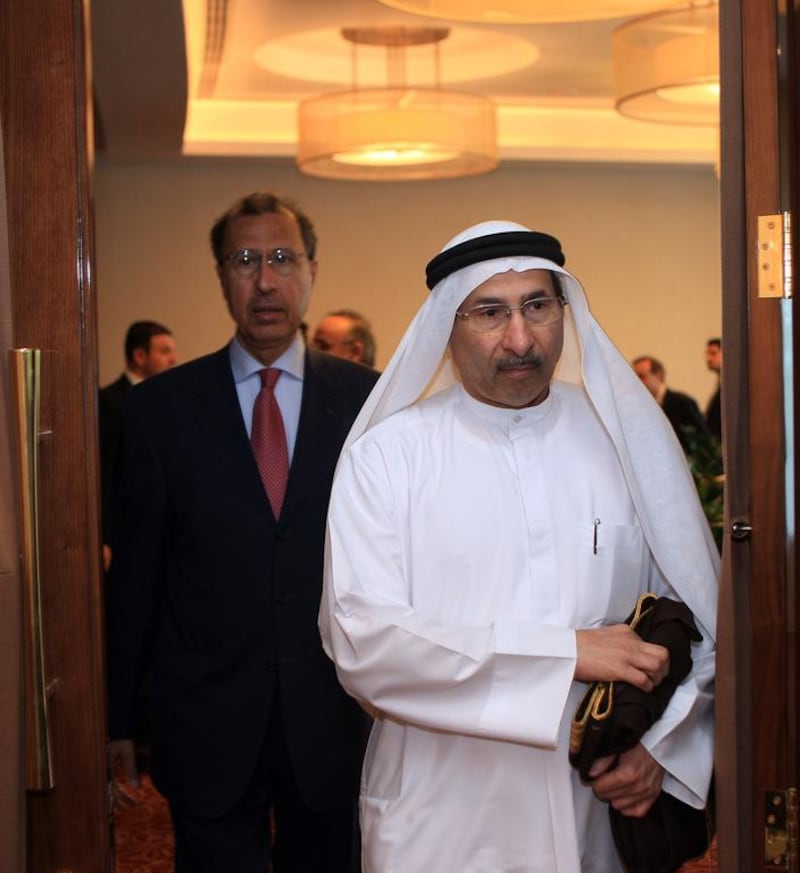 Central Bank governor Sultan Bin Nasser Al Suwaidi, right, with Jassim Al Mannai, the former chairman of the Arab Monetary Fund. Ravindranath K / The National