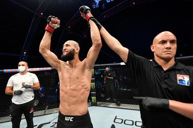 Khamzat Chimaev has his arm raised in victory at UFC Fight Night 3. Courtesy UFC