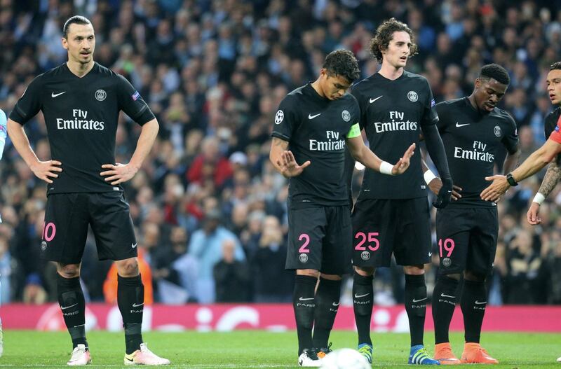 MANCHESTER, ENGLAND - APRIL 12:  Zlatan Ibrahimovic, Thiago Silva, Adrien Rabiot, Serge Aurier and Gregory Van Der Wiel of Paris Saint-Germainare dispointed during the UEFA Champions League Quarter Final second leg match between Manchester City FC and Paris Saint-Germain at the Etihad Stadium on April 12, 2016 in Manchester, United Kingdom.  (Photo by Xavier Laine/Getty Images )