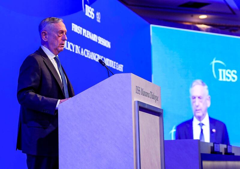 US Defence Secretary James Mattis addresses the 14th International Institute for Strategic Studies (IISS) Manama Dialogue in Bahrain. AFP