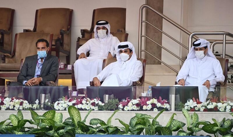 Emir Sheikh Tamim bin Hamad Al-Thani attends the opening day of the 19th Qatar Total Open 2021 for women's tennis held at the Khalifa International Tennis and Squash Complex. QNA