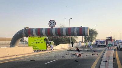 The maximum-height sign in Dubai that was struck by the bus. Seventeen passengers died in the tragedy. The National 