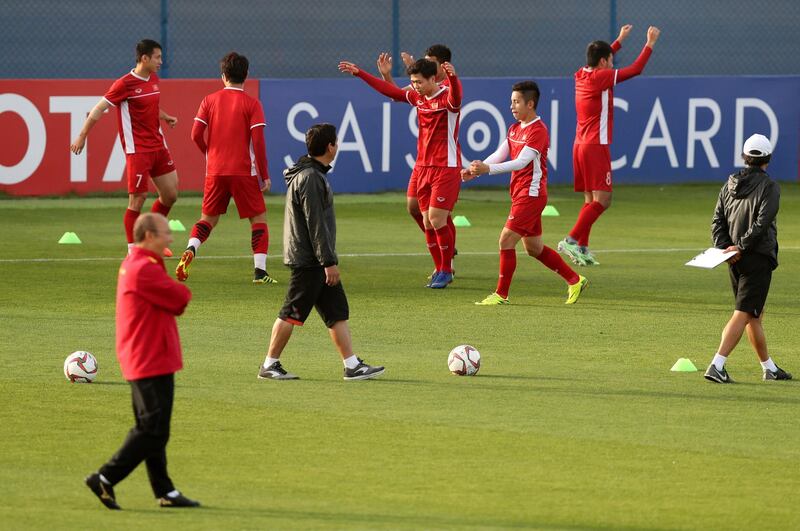 Dubai, United Arab Emirates - January 23, 2019: The Vietnam team trains ahead of their Asian cup quarterfinal against Japan. Wednesday, January 23rd, 2019 at Al Maktoum Stadium, Dubai. Chris Whiteoak/The National