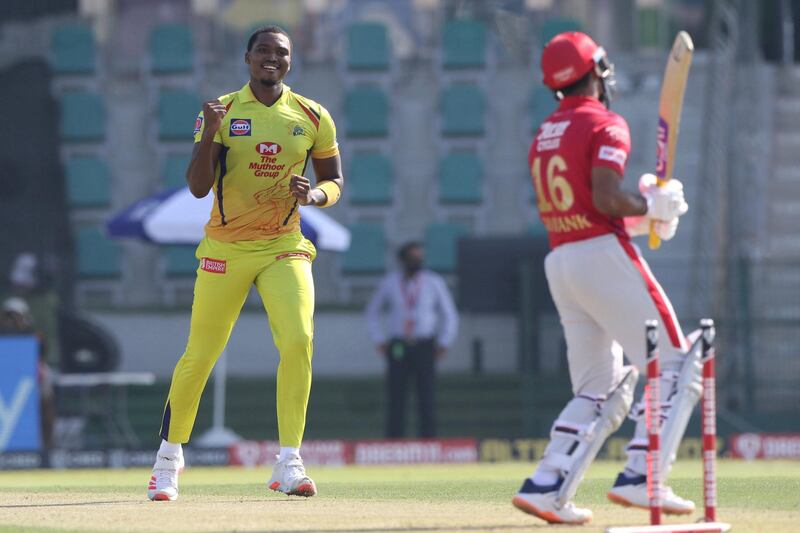 Lungisani Ngidi of Chennai Superkings celebrates the wicket of Mayank Agarwal of Kings XI Punjab during match 53 of season 13 of the Dream 11 Indian Premier League (IPL) between the Chennai Super Kings and the Kings XI Punjab at the Sheikh Zayed Stadium, Abu Dhabi  in the United Arab Emirates on the 1st November 2020.  Photo by: Pankaj Nangia  / Sportzpics for BCCI