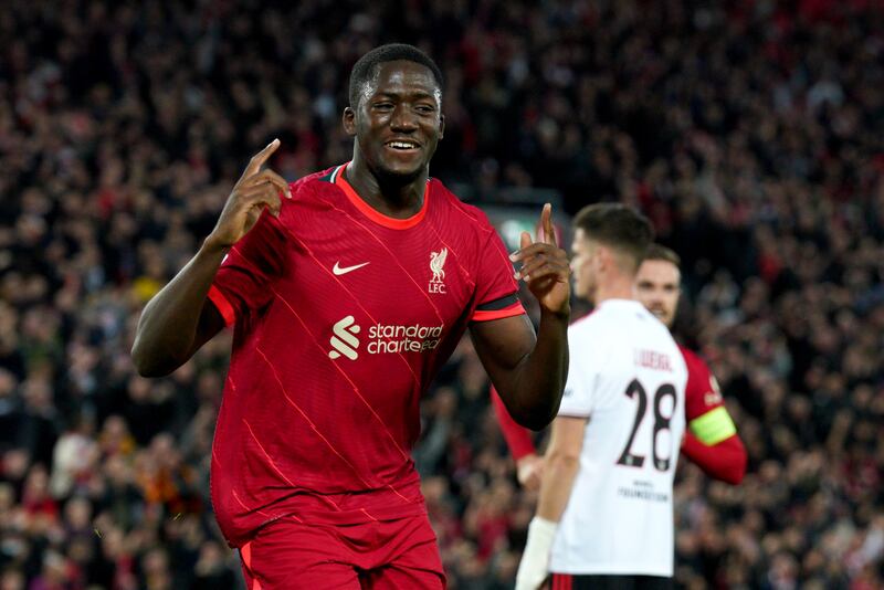 Ibrahima Konate celebrates opening the scoring in Liverpool's  3-3 draw against Benfica in the Champions League quarter-final 2nd leg at Anfield. Liverpool won 6-4 on aggregate. PA