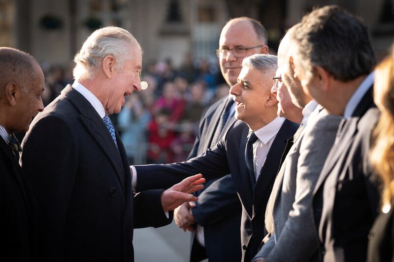 King Charles is greeted by Mayor of London Sadiq Khan as he arrives in Trafalgar Square. Reuters