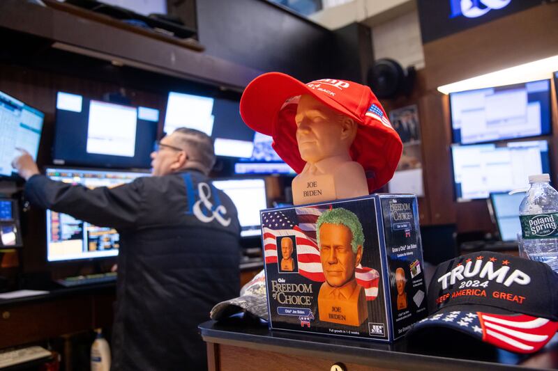 Merchandise for Joe Biden and his presidential election rival Donald Trump at the New York Stock Exchange. The S&P 500 ended lower on Friday. Bloomberg