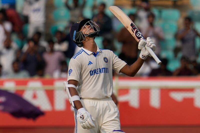 India's Yashasvi Jaiswal celebrates his 150 runs on Day 1 of the second Test. AP