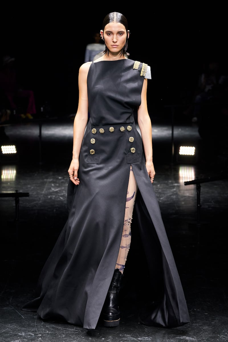 Maritime flourishes appeared at the Jean Paul Gaultier show, such as the naval buttoning on this dress.