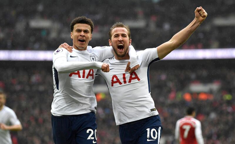 epa06511400 Tottenham Hotspur's Harry Kane (R) celebrates scoring a goal with teammate Dele Alli (L) during the English Premier League soccer match between Tottenham Hotspur and Arsenal at Wembley Stadium, London, Britain, 10 February 2018.  EPA/NEIL HALL EDITORIAL USE ONLY. No use with unauthorized audio, video, data, fixture lists, club/league logos or 'live' services. Online in-match use limited to 75 images, no video emulation. No use in betting, games or single club/league/player publications.