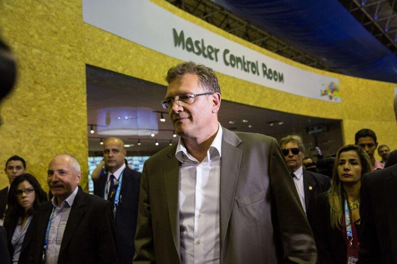Fifa Secretary General Jerome Valcke walks around after the official opening ceremony of the International Broadcast Centre (IBC) for the 2014 World Cup in Rio de Janeiro, Brazil on Monday. Yasuyoshi Chiba / AFP / June 2, 2014