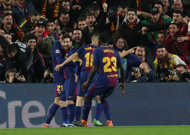 Soccer Football - Champions League Round of 16 Second Leg - FC Barcelona vs Chelsea - Camp Nou, Barcelona, Spain - March 14, 2018   Barcelona’s Lionel Messi celebrates scoring their third goal with team mates              REUTERS/Susana Vera