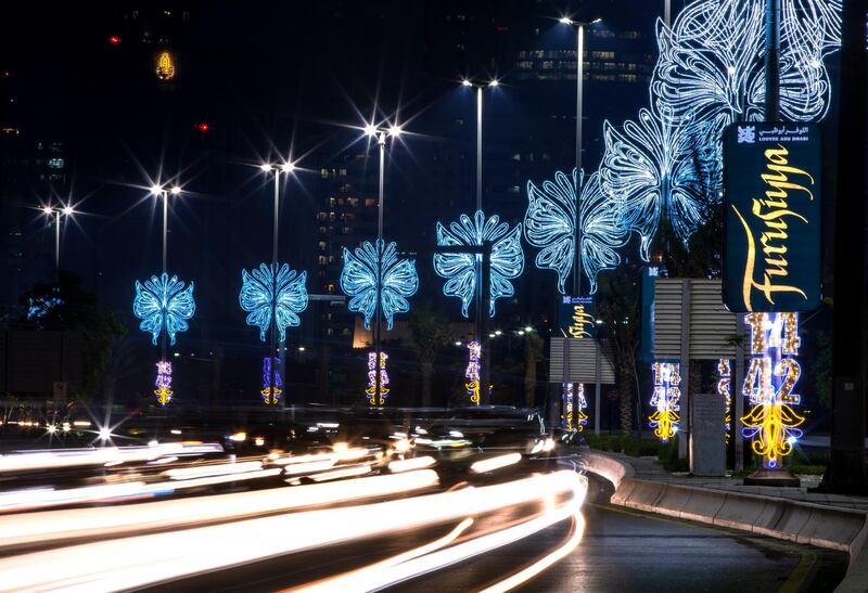 Abu Dhabi, United Arab Emirates, August 15, 2020.  Islamic, or Hijri Neaw Year lights are turned on at the Corniche.  The UAE Ministry of Human Resources and Emeratisation announced all employees would get a public holiday on August 23, the day that marks the beginning of the new Islamic year 1442.
Victor Besa /The National
Section:  NA
For:  Standalone/Stock Images