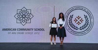 Taylor attends a ceremony at the American Community School of Abu Dhabi to announce the 2022 winner of the award. Photo: American Community School of Abu Dhabi