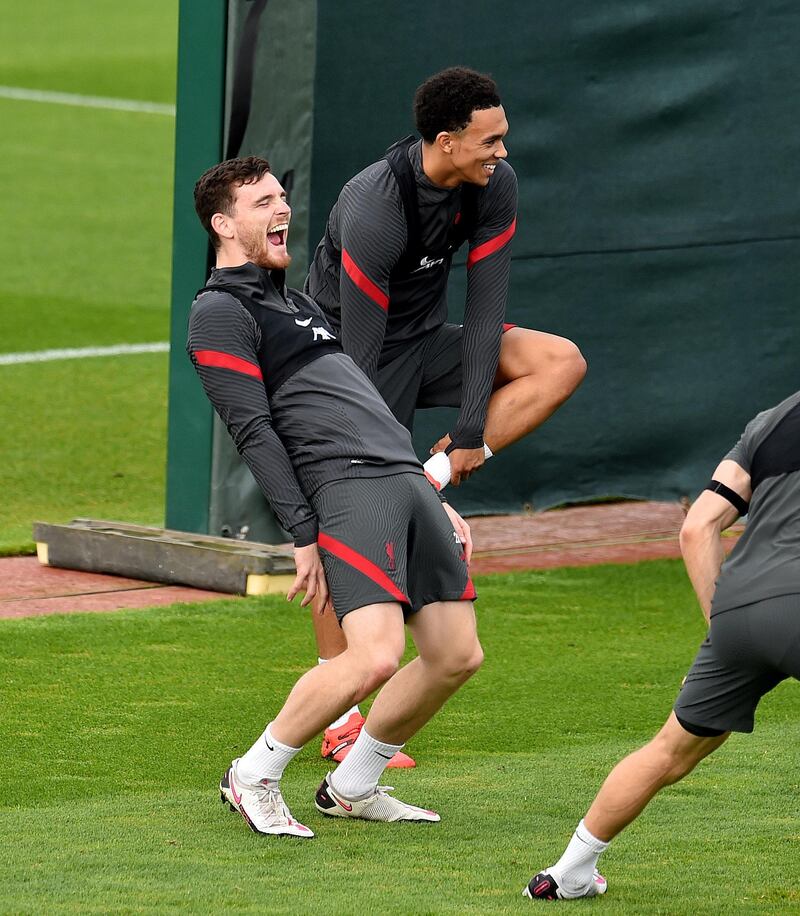 LIVERPOOL, ENGLAND - SEPTEMBER 16: (THE SUN OUT, THE SUN ON SUNDAY OUT) Andy Robertson and Trent Alexander-Arnold of Liverpool during a training session at Melwood Training Ground on September 16, 2020 in Liverpool, England. (Photo by Andrew Powell/Liverpool FC via Getty Images)