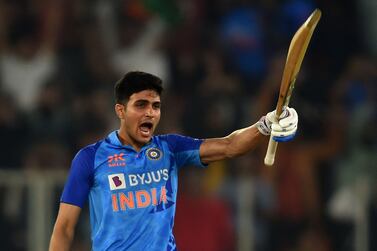 India's Shubman Gill celebrates after scoring a century (100 runs) during the third Twenty20 international cricket match between India and New Zealand at the Narendra Modi stadium in Ahmedabad on February 1, 2023.  (Photo by Punit PARANJPE  /  AFP)  /  ----IMAGE RESTRICTED TO EDITORIAL USE - STRICTLY NO COMMERCIAL USE-----