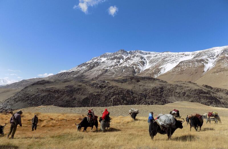 This photograph taken on October 7, 2017 shows Afghan Wakhi nomad families travelling on yaks in the Wakhan Corridor in Badakhshan province of Afghanistan.
Worried about militants sneaking into a restive Chinese region from war-torn Afghanistan, Beijing is in talks with Kabul over the construction of a military base, Afghan officials say, as it seeks to shore up its fragile neighbour. / AFP PHOTO / GOHAR ABBAS / TO GO WITH AFGHANISTAN-CHINA-DIPLOMACY-ARMY by Allison Jackson with Gohar Abbas in the Wakhan Corridor