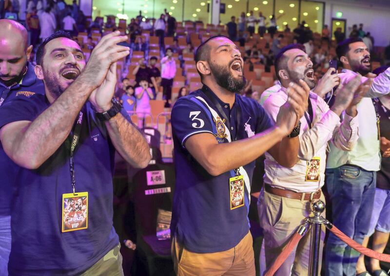 Abu Dhabi, United Arab Emirates, October 4, 2019.   --  Brave Combat Federation 27 at the Mubadala Arena.-- Jordanian fans cheer for Jarrah Al Selawe after defeating Abdoul Abdouraguimov. ( FRA) 
Victor Besa / The National
Section:  SP
Reporter:  Amith Passela