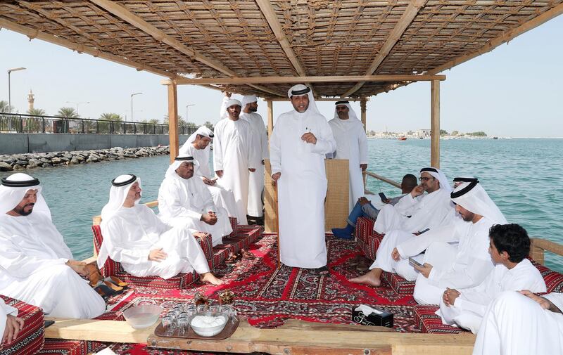 Ras Al Khaimah, United Arab Emirates - October 13, 2018: Abdullah Al Suwaidi gives a guided tour of the Al Suwaidi Pearl Farm to His Excellency Dr Thani bin Ahmed Al Zeyoudi, Minister of Climate Change and Environment Directors of municipalities and environment agencies in the UAE. The launch of the ecotourism microsite and app coincides with the National Ecotourism Project, a multiphased initiative that will position the UAE as a global ecotourism hub. Saturday, October 13th, 2018 in Al Rams, Ras Al Khaimah. Chris Whiteoak / The National