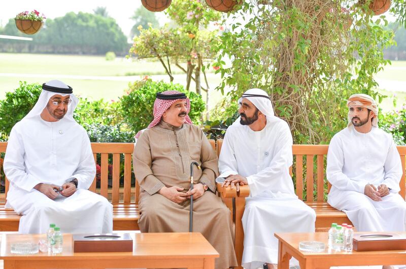 Sheikh Mohammed bin Rashid Al Maktoum, Vice President, Prime Minister and Ruler of Dubai; and Sheikh Mohamed bin Zayed, Crown Prince of Abu Dhabi and Deputy Supreme Commander of the UAE Armed Forces; receive King Hamad bin Isa Al-Khalifa of Bahrain at ''Love Lake'' near Marmoum Rest house in Dubai. Sheikh Hamdan bin Mohammed bin Rashid Al Maktoum, Crown Prince of Dubai, attended the meeting. Dubai Media Office / Wam