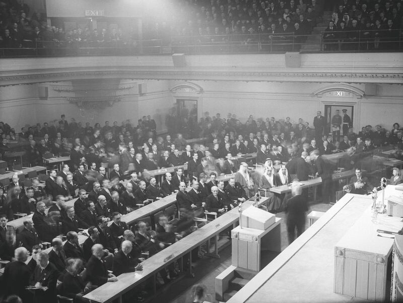 10th January 1946:  Delegates in their seats at Central Hall, Westminster, London for the opening of the UNO Assembly.  (Photo by A. Sterling/Topical Press Agency/Getty Images)