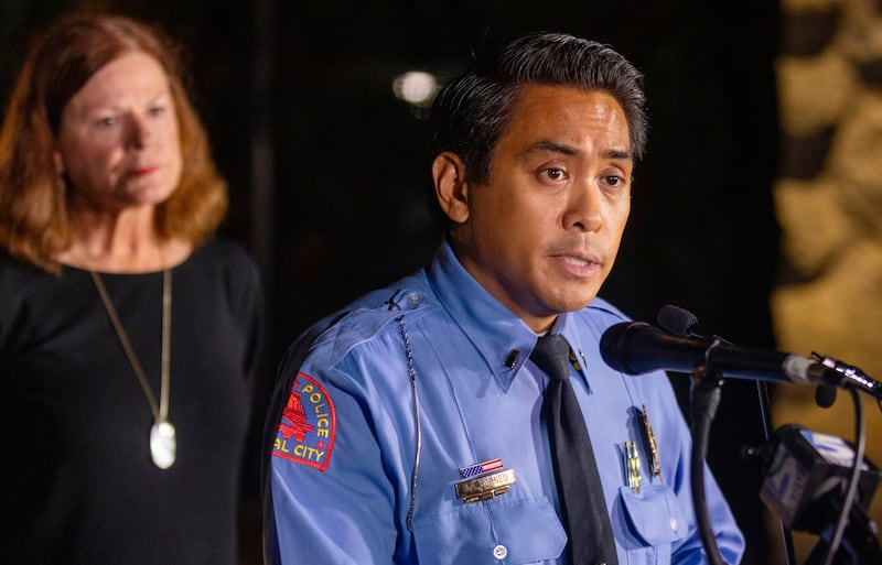 Raleigh Police Lt JA Borneo takes questions during a press briefing after several people were shot, and at least five were killed, on the Neuse River Greenway in Raleigh, North Carolina. AP