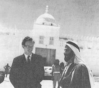 Peter Lienhardt with Sheikh Shakhbut bin Sultan Al Nahyan, Ruler of Abu Dhabi, outside Qasr Al Hosn. Possibly in 1961. Photo: Estate of Peter Lienhardt