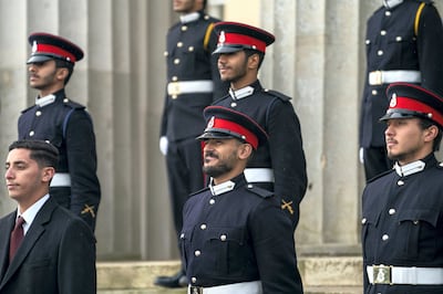 CAMBERLEY, SURREY, UNITED KINGDOM - December 11, 2020: Officer Cadet HH Sheikh Zayed bin Mohamed bin Zayed Al Nahyan (C), participates in the Sovereign’s Parade for Commissioning Course 201 at The Royal Military Academy Sandhurst. 

( Rashed Al Mansoori / Ministry of Presidential Affairs )
---