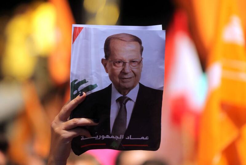 Lebanese celebrate the election of Michel Aoun as president in downtown Beirut. AFP