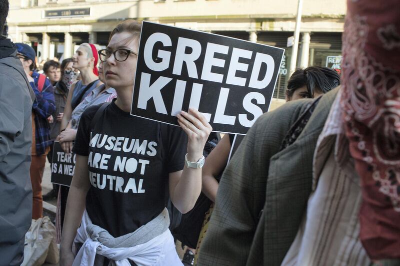 NEW YORK, NEW YORK - MAY 17:  Political activists gather for the ninth week in a row outside of the Whitney Museum to demand that the museum's board dismiss Warren Kanders, a wealthy businessman who has made a fortune selling tear gear to the NYPD and the Israeli army, on May 17, 2019 in New York City.  (Photo by Andrew Lichtenstein/Corbis via Getty Images)