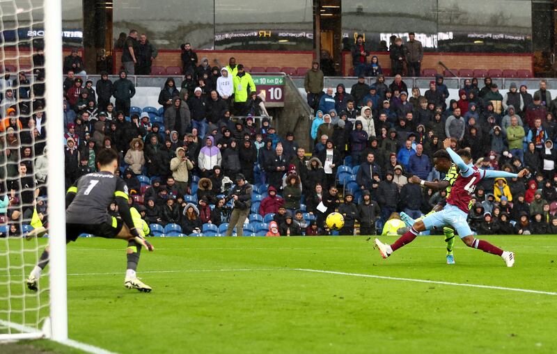 Bukayo Saka scores against Burnley at Turf Moor. Getty Images