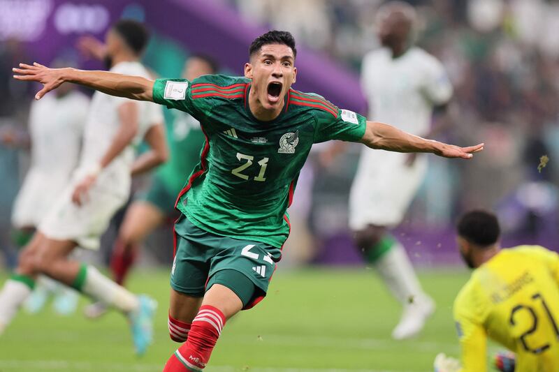 Mexico's Uriel Antuna celebrates after he thought he had scored, but it was ruled out for offside. AFP
