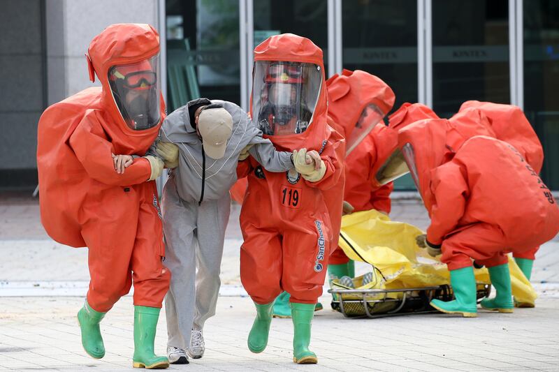 South Korean emergency services personnel during anti-terrorism exercises at Kintex in Goyang, South Korea. Getty Images